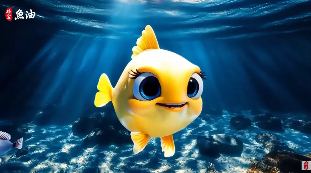 民視娘家魚油品牌影片,一隻擁有大眼睛的可愛黃色卡通小魚,在陽光灑落的深藍色海洋中悠游。
