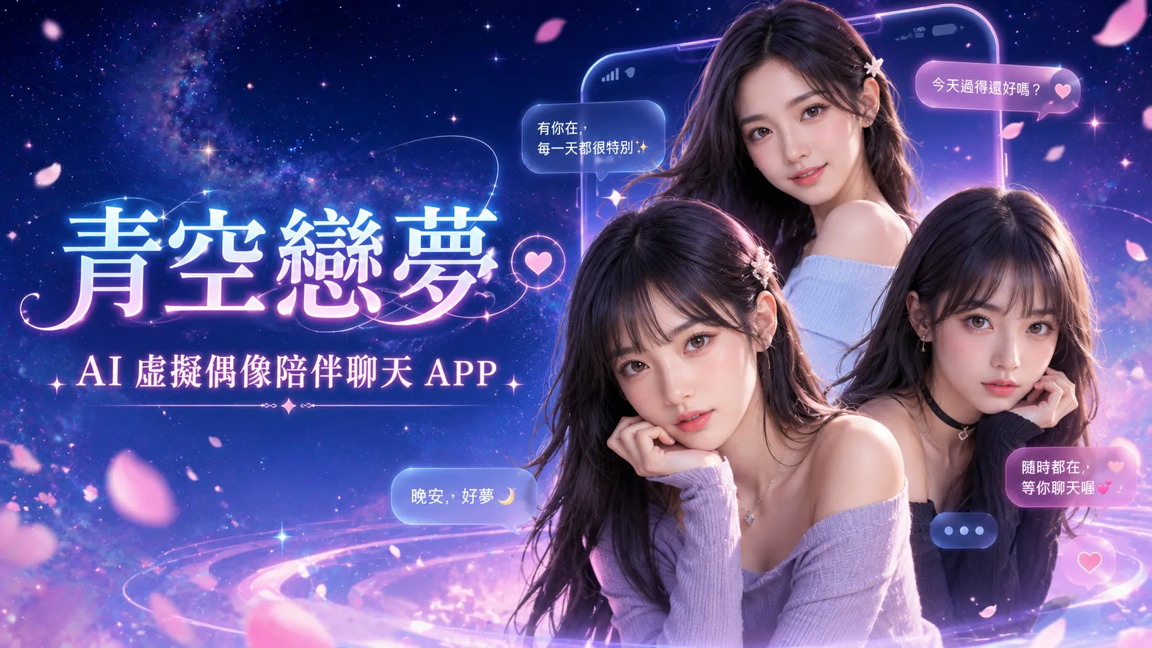 青空戀夢 AI 虛擬偶像陪伴聊天 APP 宣傳圖,背景為夢幻星空,三位精緻的虛擬少女圍繞著手機介面,對話框顯示溫馨的問候語,呈現浪漫的互動陪伴氛圍。