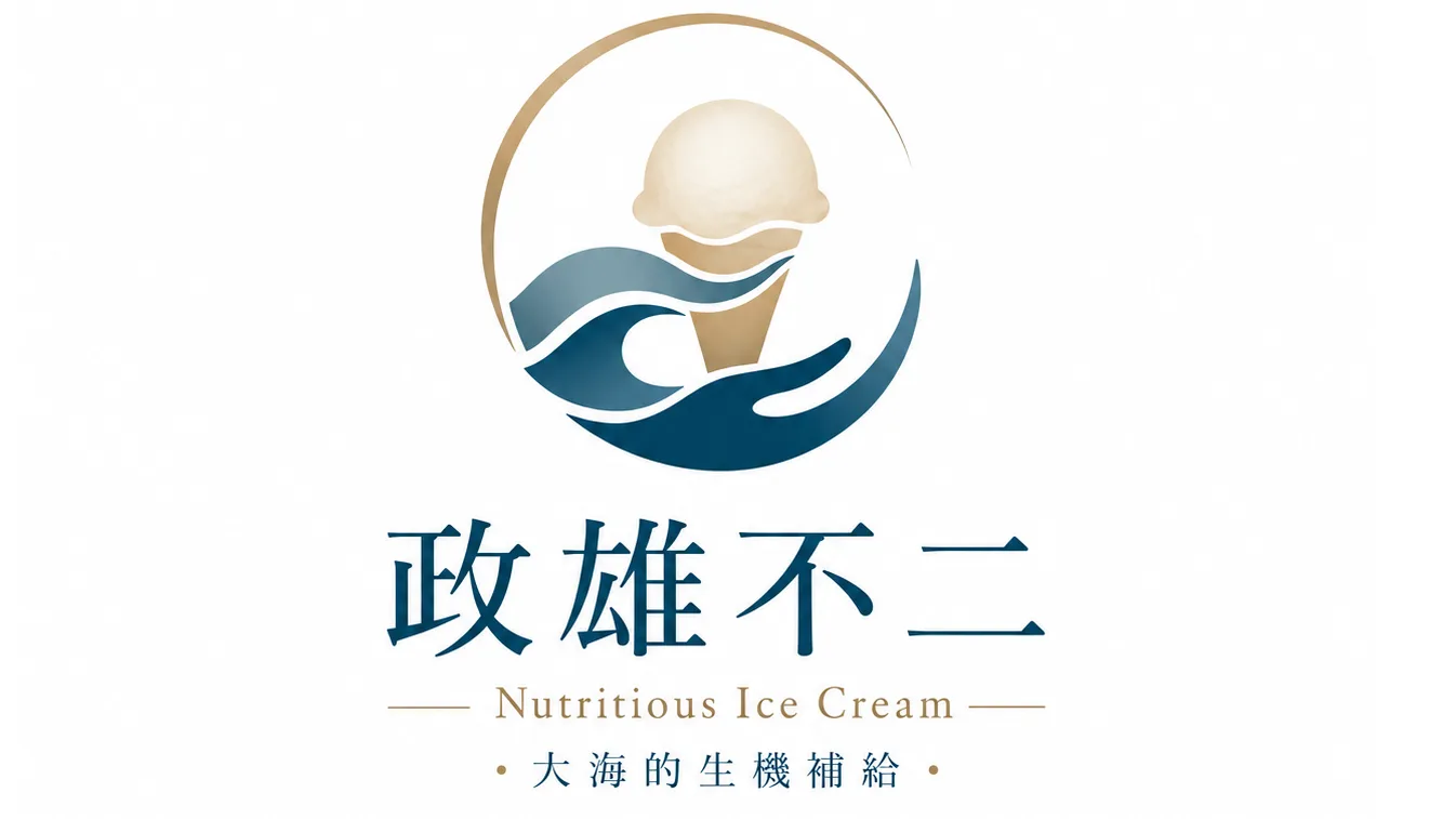 政雄不二冰淇淋品牌標誌,圖案結合冰淇淋與海浪元素,呈現大海生機補給的意象。